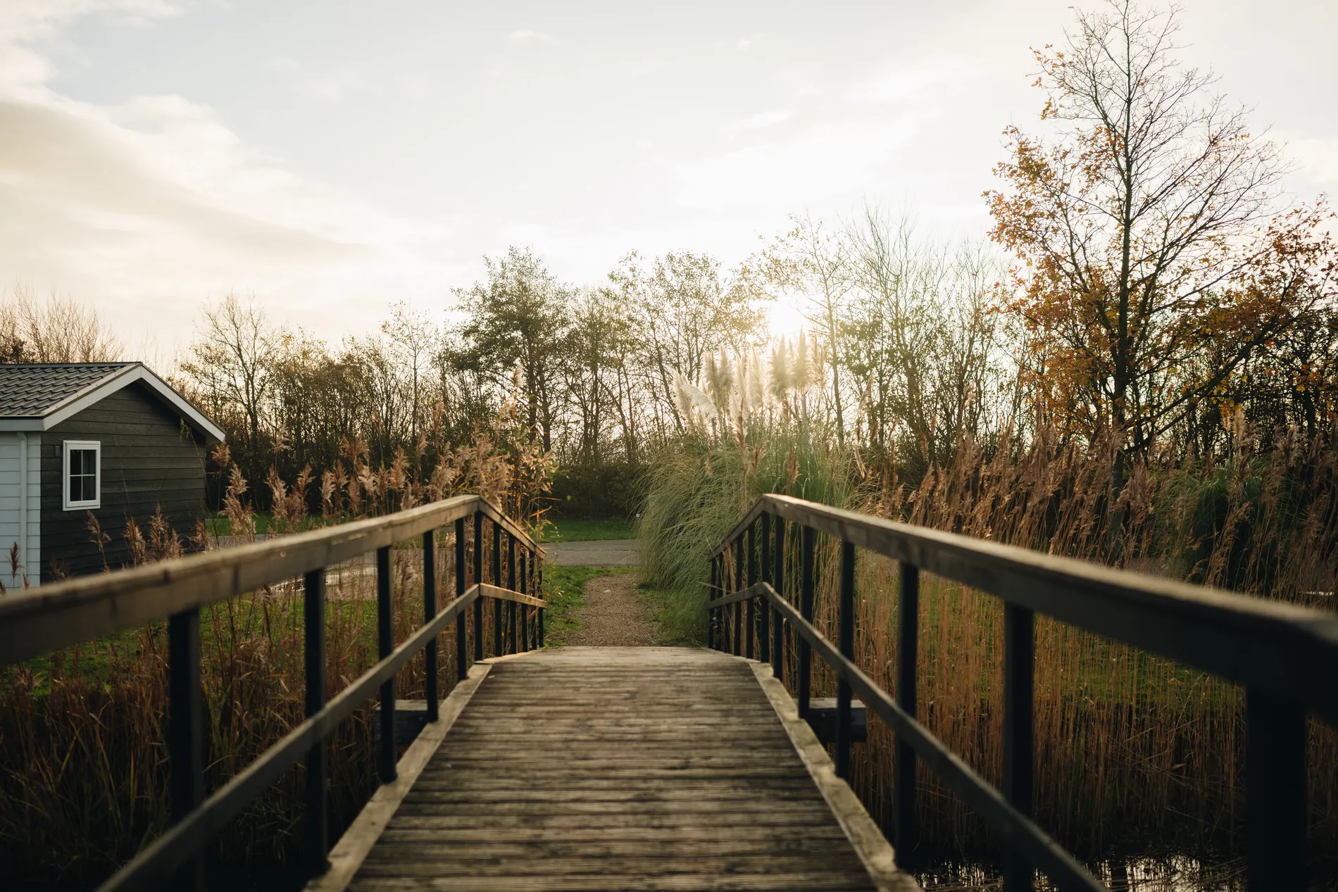 Houten loopbrug over het water op het terrein van Resort Land & Zee